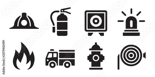 Obraz na płótnie Fire safety icon set containing helmet extinguisher alarm power button truck hydrant hose reel