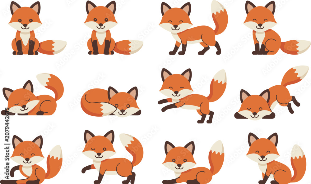 Obraz premium Cute cartoon fox characters in different poses and emotions isolated on white background