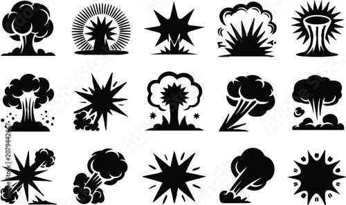 Canvastavla Explosion silhouette icons with smoke clouds and bang effects isolated on white