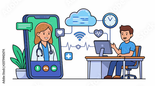 Man consults doctor remotely via computer and phone