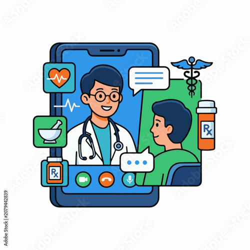 Doctor and patient consult via video call on smartphone icons signify care