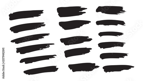 Schilderij op canvas Set of hand drawn paint brushes, brush strokes and black and white paint splashe