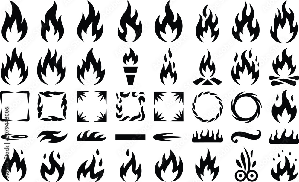 Obraz premium Set of black fire flames silhouettes isolated on white background for design element use