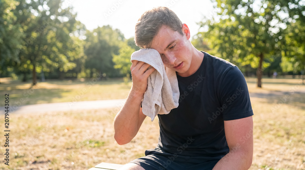 Fototapeta premium summer heat man cooling towel dehydration relief outdoor wellness young man cools his face with a damp towel after walking in harsh sunlight showing practical heat relief and exhaustion prevention