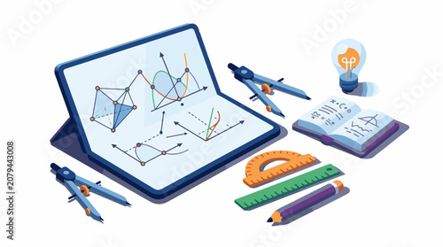 A graphic illustration of a tablet with graphs and various stationery items