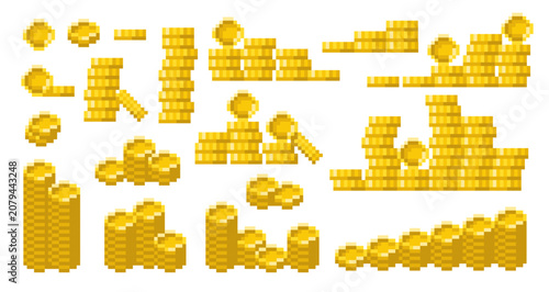 Pixel gold coins. Arcade game currency stacks in retro 8 bit style, treasure money assets, economy, finance, cash, wealth accumulation and digital economy qualitative vector isolated set