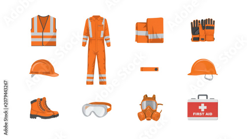 Cuadro en lienzo Set of colorful safety workwear and equipment icons Vector