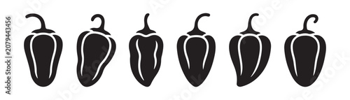 Set of black chili pepper icons in various shapes isolated on a grey checkered background pattern.