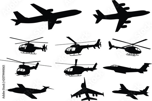 Photos Silhouette aircraft set, airplanes and helicopters, aviation collection, flying