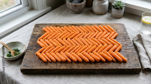 Raw carrots arranged in a neat herringbone pattern on a dark rustic wooden cutting board in a home kitchen setting