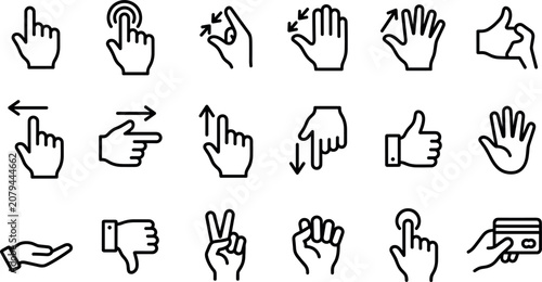 Fotografía Hand Gesture and Touch Screen Interface Line Icon Set with Swipe Tap Pinch Zoom