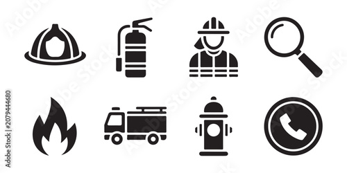 Fotografie Vector set of safety icons including firefighter helmet fire extinguisher truck and hydrant signs