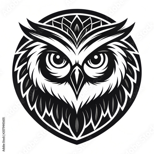 Stylized owl head emblem circular black and white vector mascot logo design