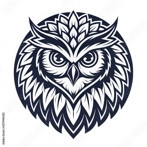Symmetrical Owl Head Vector Illustration with Intricate Feather Patterns for Mascot Logo Design in Dark Blue and White Circle