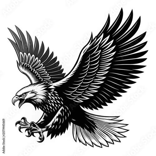 Majestic bald eagle soaring with wings outstretched and talons extended, ready to strike