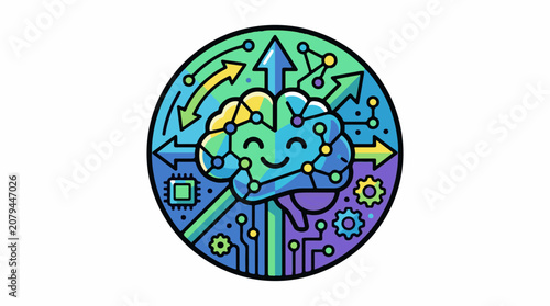 Cartoon brain with circuit board gears and arrows in a circle