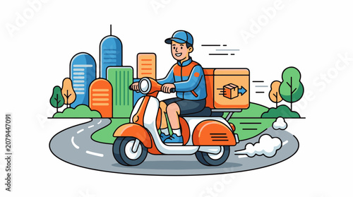 Delivery person on scooter in city with buildings and trees (2)