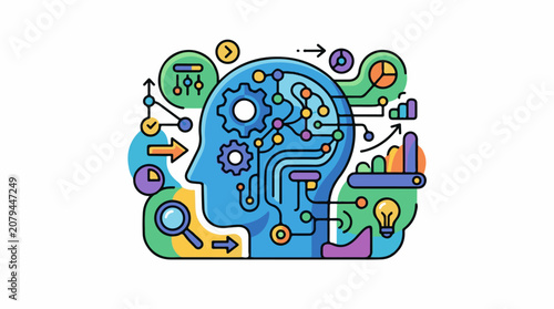 Abstract head with circuitry gears and data visualizations