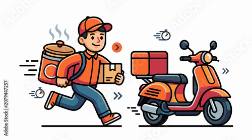 Fast delivery person with hot food and package on scooter