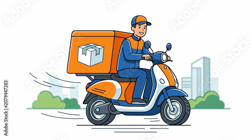 Smiling delivery person rides scooter with package box in urban background