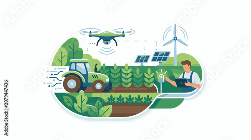 Modern farmer uses technology in smart farm with drone tractor solar