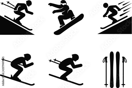 Silhouettes Of Skiers And Snowboarders In Action A Set Of Black Vector Icons On A White Background alpine skiing snowboarding snow sports