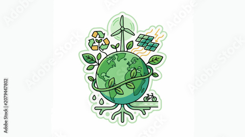 Earth with renewable energy sources plants and recycling symbols