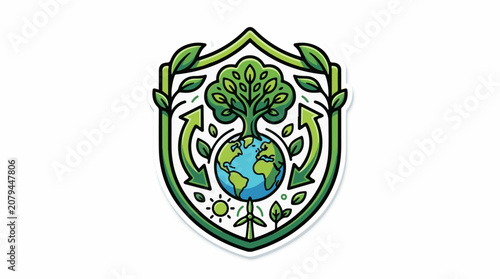 Earth within a shield with tree sun and wind turbine icons