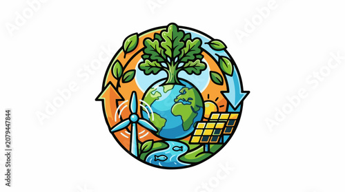 Earth with tree windmill solar panels river fish and recycling arrows