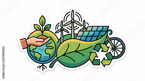 Hand holding earth with plants wind turbines solar panels leaf and bike