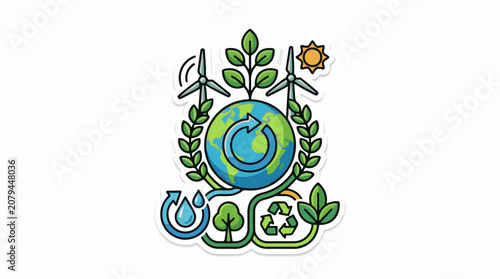 Globe with recycling symbols wind turbines sun water drops and trees
