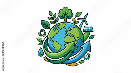 Stylized globe with eco-friendly elements recycling and renewable energy