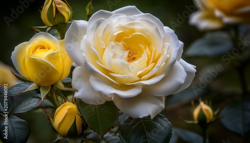 A Radiant Close Up Photograph Showcasing The Intricate Details Of A Beautiful Five Petaled White And Yellow Hybrid Musk Rose In Full Bloom Accompanied By Its Two Smaller Yellow Buds
