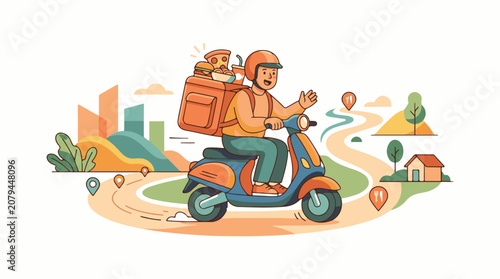 Cheerful person on scooter delivers food through stylized cityscape and scenic route