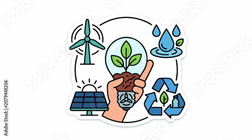 Hand holding lightbulb with plant surrounded by renewable energy icons