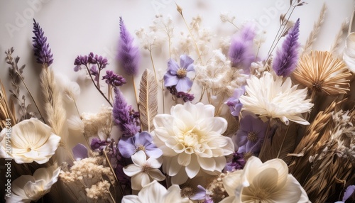 Delicate White And Purple Dried Flowers Arranged In Soft Natural Light Ideal For Vintage Rustic Botanical And Nature Inspired Designs Backgrounds Or Creative Decorative Projects