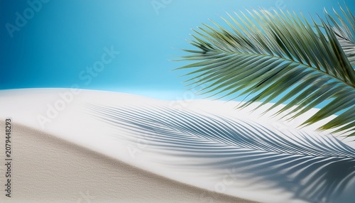 Palm Fronds Cast Dappled Shadows On A Soft Blue Background With A Gentle Curve Of White Sand In The Foreground Evoking A Serene Tropical Ambiance And Summer Vacation Vibes