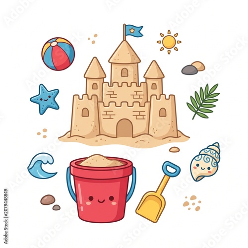 Cute Sandcastle and Plastic Bucket Beach Clipart Set