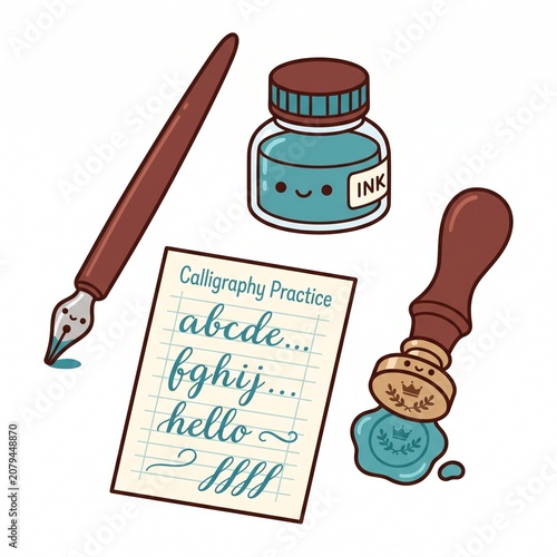 Fresh Teal Calligraphy Dip Pen and Inkwell Clipart Sheet