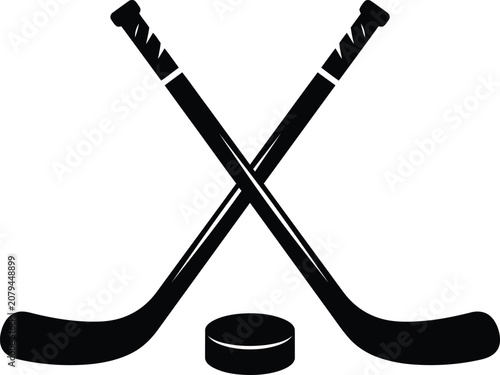 Two crossed hockey sticks and a puck a black and white vector silhouette on a white background ice sports equipment athletic gear