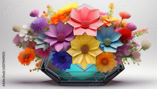 D Render Of Hexagon Base Vase With Colorful Blooms On White Background