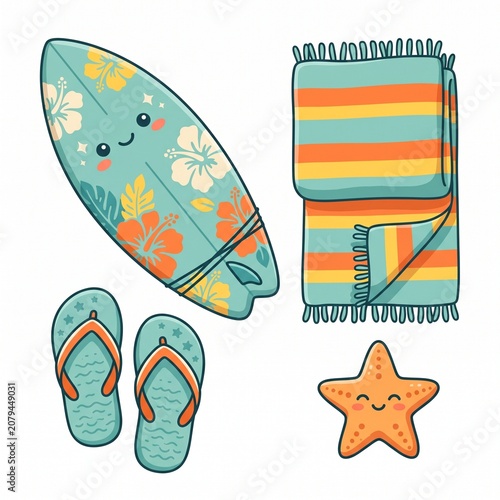 Aesthetic Surfboard and Summer Flip Flops Clipart Pack