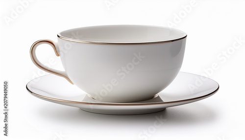 Isolated Empty White Ceramic Tea Cup Tilted On White Background For Product Design