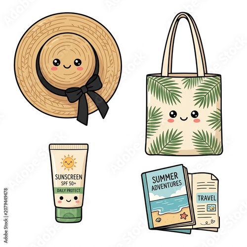 Cute Straw Hat and Canvas Beach Tote Bag Clipart Set
