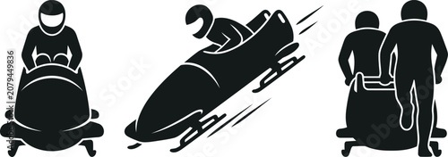 Bobsledding Athletes In Silhouette Style A Set Of Three Black Vector Illustrations On A White Background bobsled bobsleigh