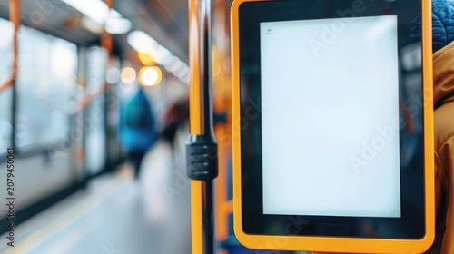 Close up of a bright blank digital display in an orange frame mounted on a pole within a bus or tram with out of focus passengers and visible in the background