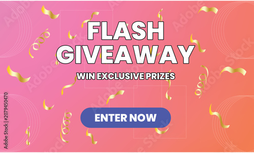 Flash Giveaway Promotional Banner Template with Win Exclusive Prizes Text and Golden Confetti on Pink Gradient Background