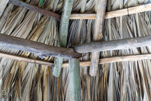 Fotografija Low angle view of the interior structural wooden beams and dried palm leaves of a traditional thatched roof hut or palapa