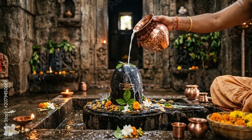 Shravan Somvar ritual, a polished copper kalash pot pouring fresh water and milk over a Shivalinga, background of a blurred rustic stone wall inside a Hindu temple