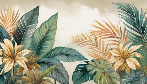 tropical plants on pastel style painting vintage tropical plants generative ai